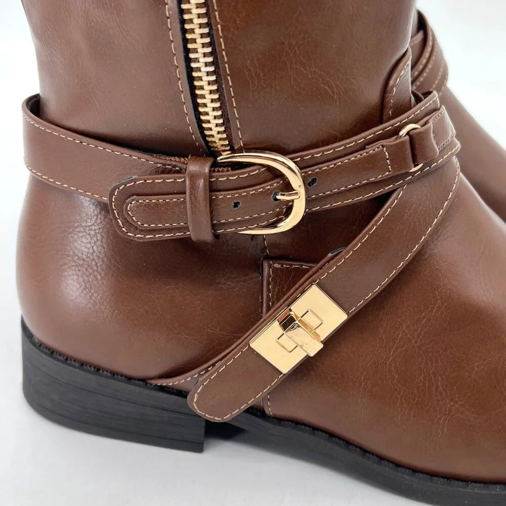 Justfab Leyla WC Tall Moto Boots Womens Size 8.5 Brown Faux Leather New With Box - Picture 7 of 14